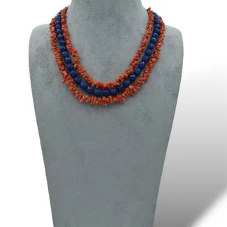 Women's Three-Strand Coral and Blue Quartz Necklace with 925 Silver Clasp