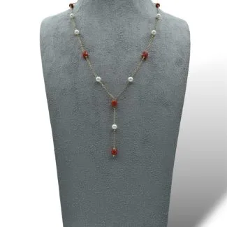 Sciacca Coral Barilotti and Fresh Water Pearl Necklace with 18k Gold Chain