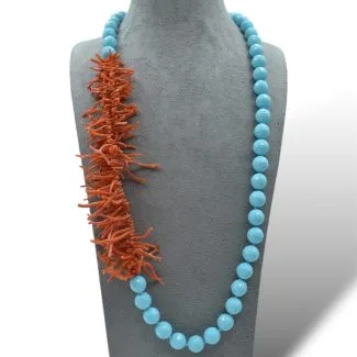 Sciacca Coral and Turquoise Necklace with Fringes and Turquoise Paste