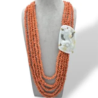 Sciacca Coral 5-Strand Necklace with Jade Medallion and 18kt Gold