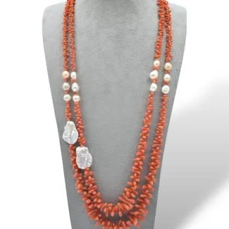 Sciacca Coral and Baroque Pearl Two-Strand Necklace in 925 Silver