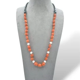 Sciacca Coral, Pearls and Hematite Necklace by Patricia Oro Creations, 68cm