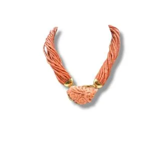Sciacca Coral Necklace with Engraved Susta in 18kt Gold