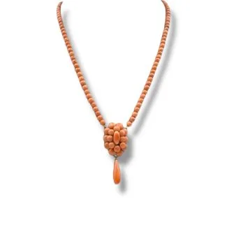 Sciacca Coral Button and Drop Necklace in 14k Gold
