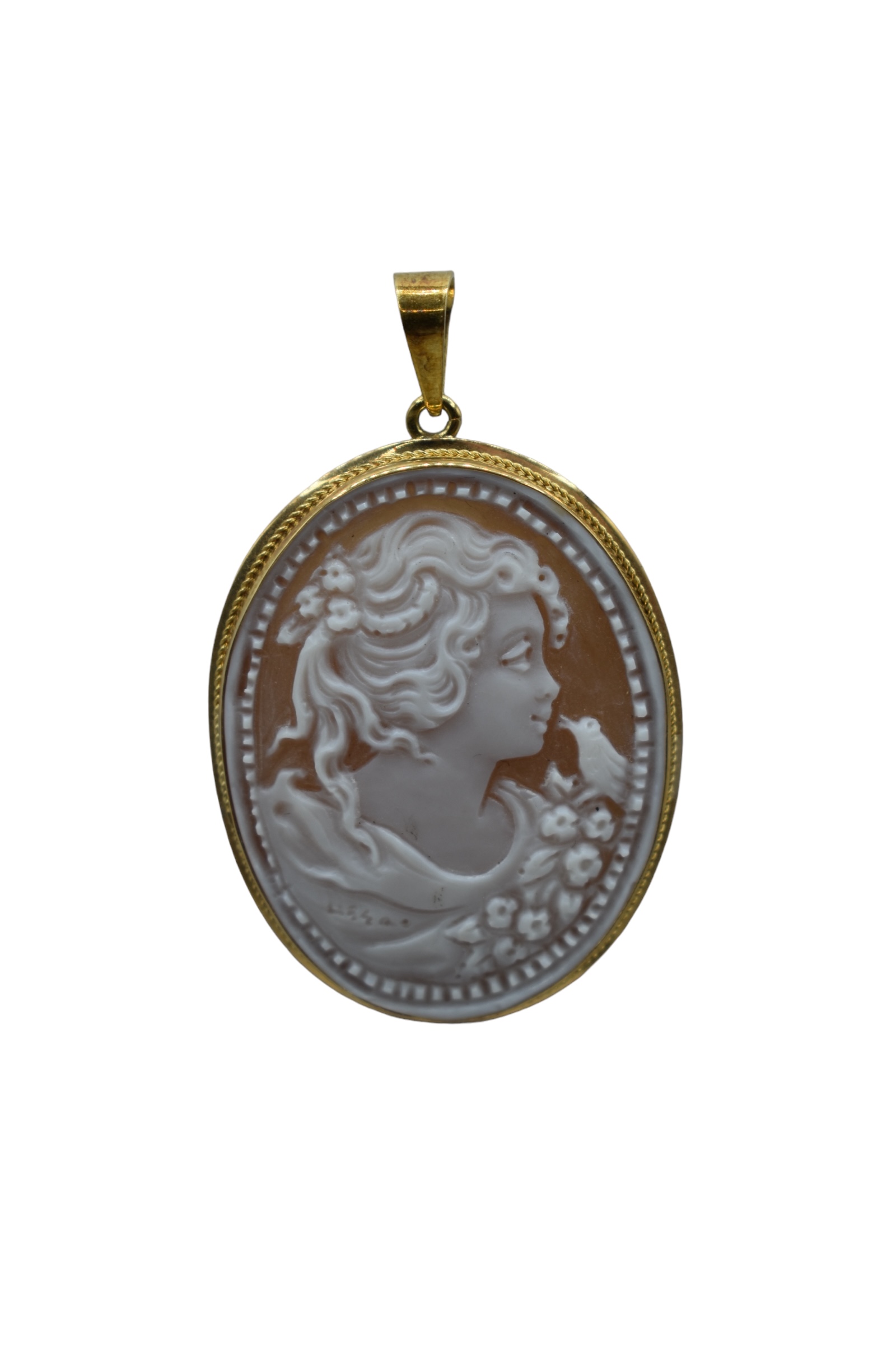 Splendido Ciondolo Cammeo da Donna con montatura in oro, un gioiello made in italy di alta gioielleria, perfetto come idea regalo preziosa.
