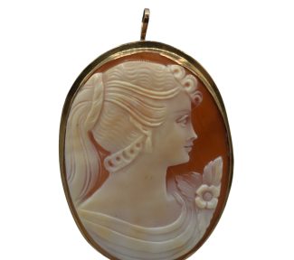 Splendido ciondolo o spilla Cammeo da donna con montatura in oro, un gioiello di lusso perfetto per un'idea regalo preziosa.