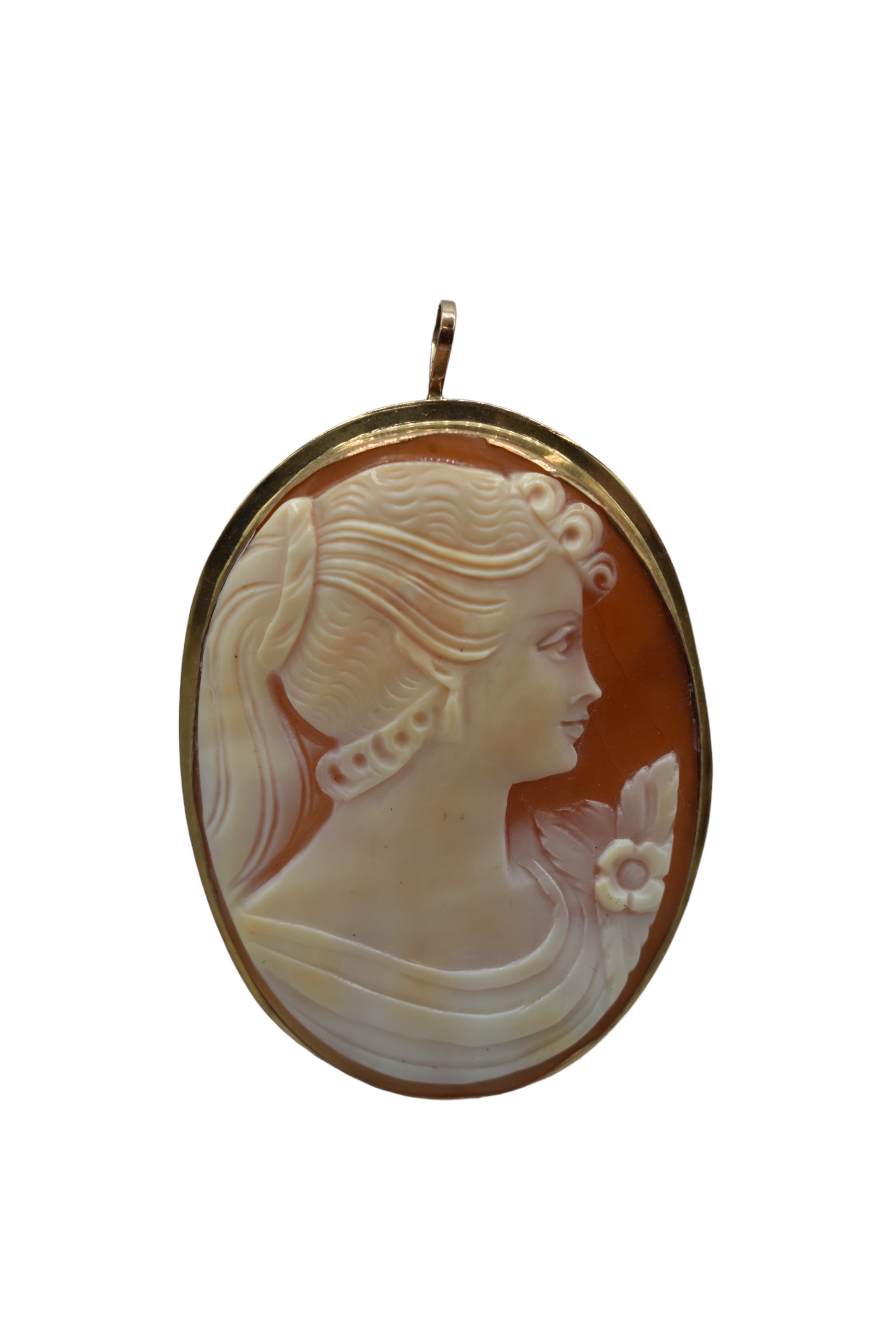 Splendido ciondolo o spilla Cammeo da donna con montatura in oro, un gioiello di lusso perfetto per un'idea regalo preziosa.