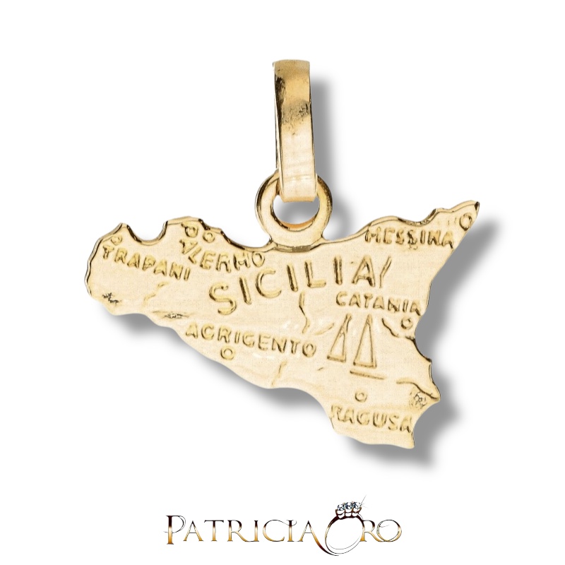 Splendido ciondolo in oro giallo con la Sicilia, un gioiello made in Italy di alta oreficeria artigianale, perfetto come idea regalo preziosa.