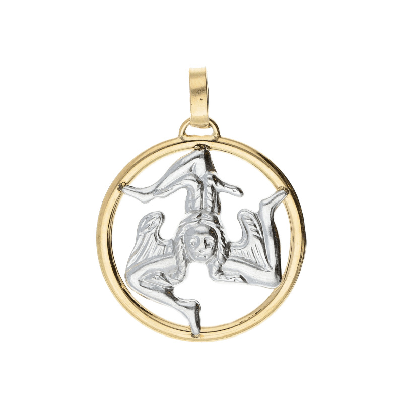 Scopri l'eleganza senza tempo del Ciondolo Trinacria in Oro 18k Bicolore, un gioiello made in italy di alta gioielleria.