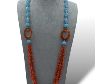 Splendida Collana a 3 fili in Corallo Sciacca, Agata blu e corniola, un capolavoro di gioielli made in italy.