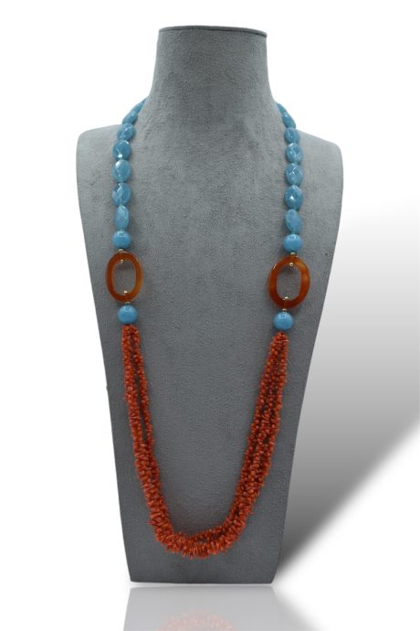 Collana 3 fili in Corallo Sciacca con Agata blu e corniola