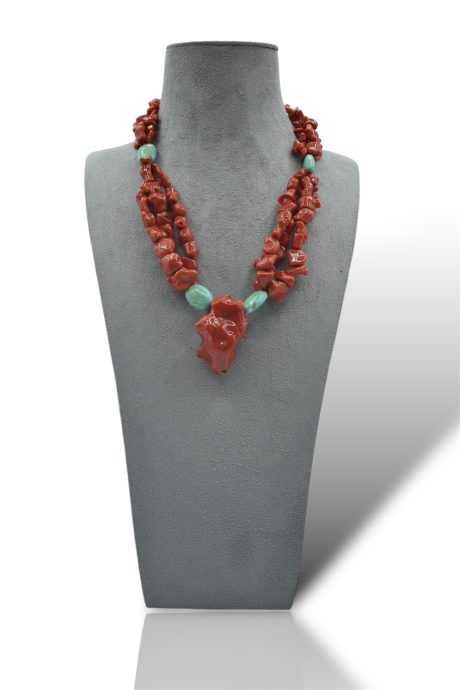 Collana 3 fili Corallo Sciacca e Turchese con pendente radice