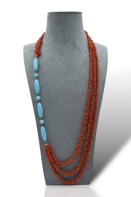 Collana 3 fili in Corallo Sciacca con Turchese