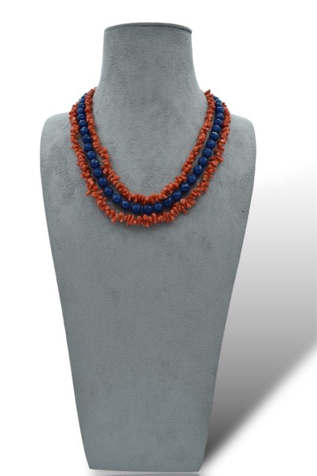 Collana Donna in Corallo e Quarzo Blu Tre Fili con Chiusura Argento 925