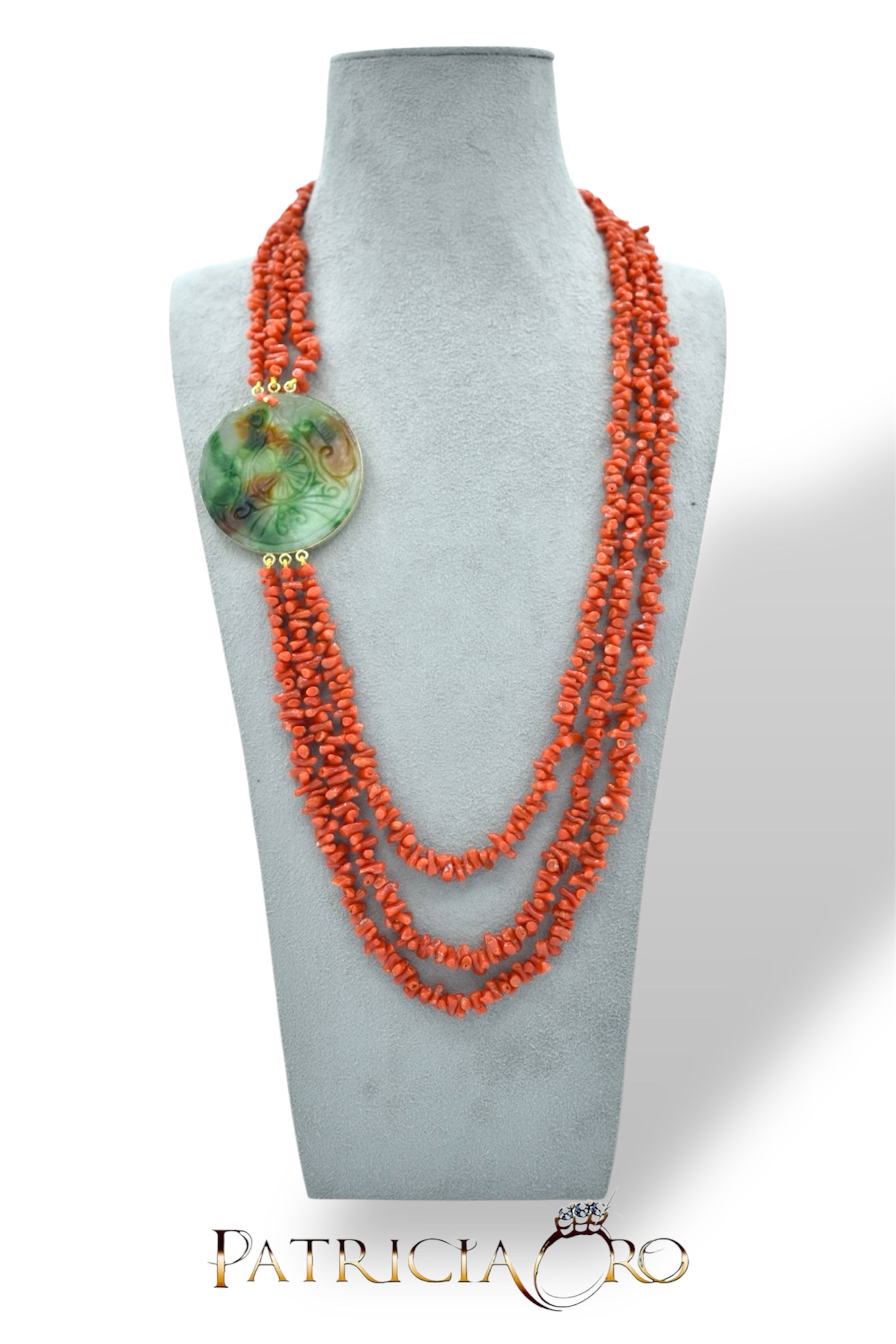 Splendida collana da donna Patricia Oro Creations con Corallo Sciacca e Agata Verde, un gioiello made in italy di alta gioielleria.