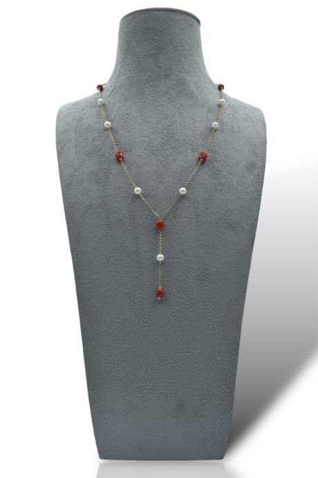 Collana Corallo Sciacca Barilotti e Perle Fresh Water 5-5.5mm con Catena Oro 18k