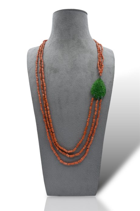 Collana in Corallo Sciacca e Giada Verde 3 Fili