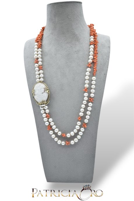 Collana Corallo Sciacca a Due Fili con Perle e Cammeo
