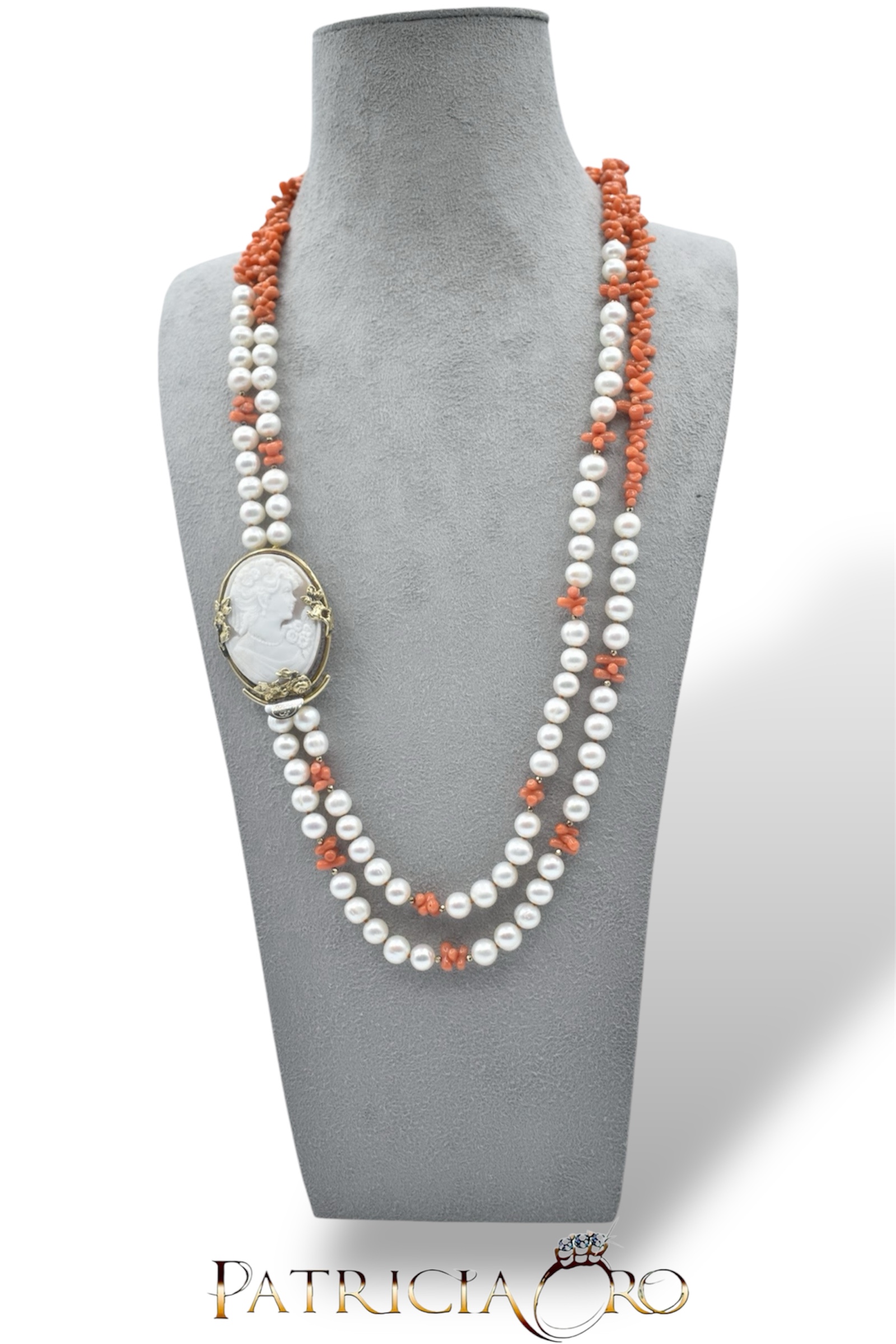 Splendida Collana Corallo Sciacca con Perle e Cammeo, un capolavoro di gioielleria made in italy