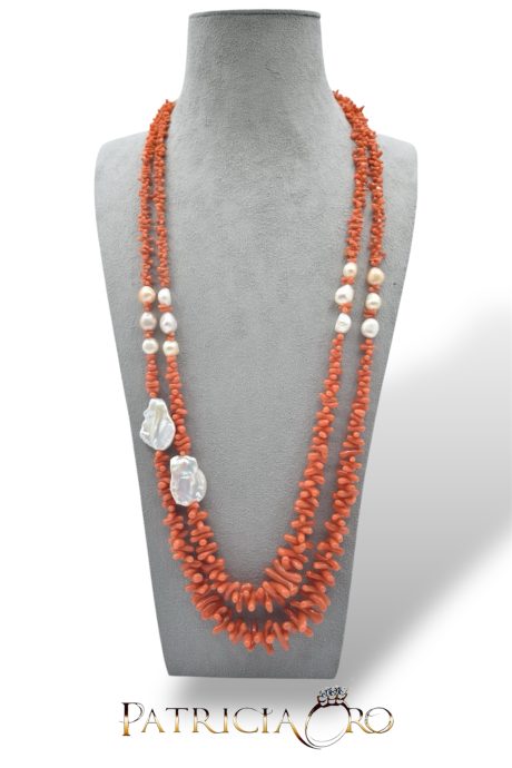 Collana in Corallo Sciacca e Perle Barocche Due Fili Argento 925