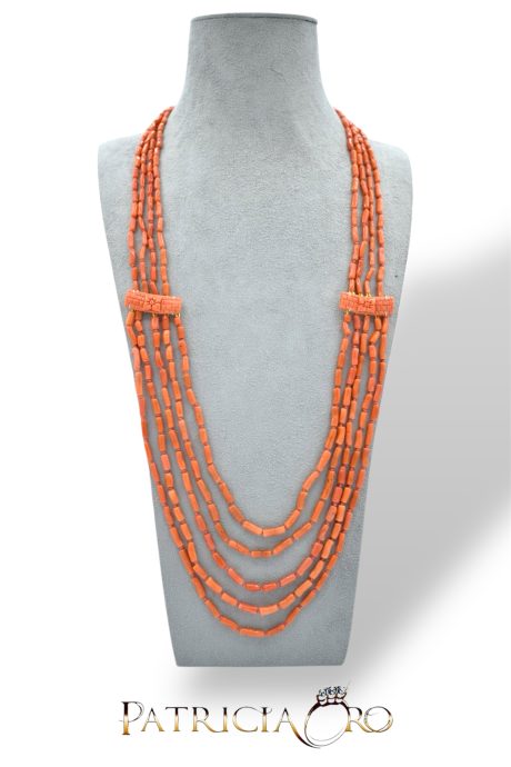 Collana Corallo Sciacca 5 Fili Oro 750 con Sculture Laterali