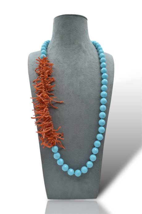Collana in Corallo Sciacca e Turchese con Frange e Pasta di Turchese