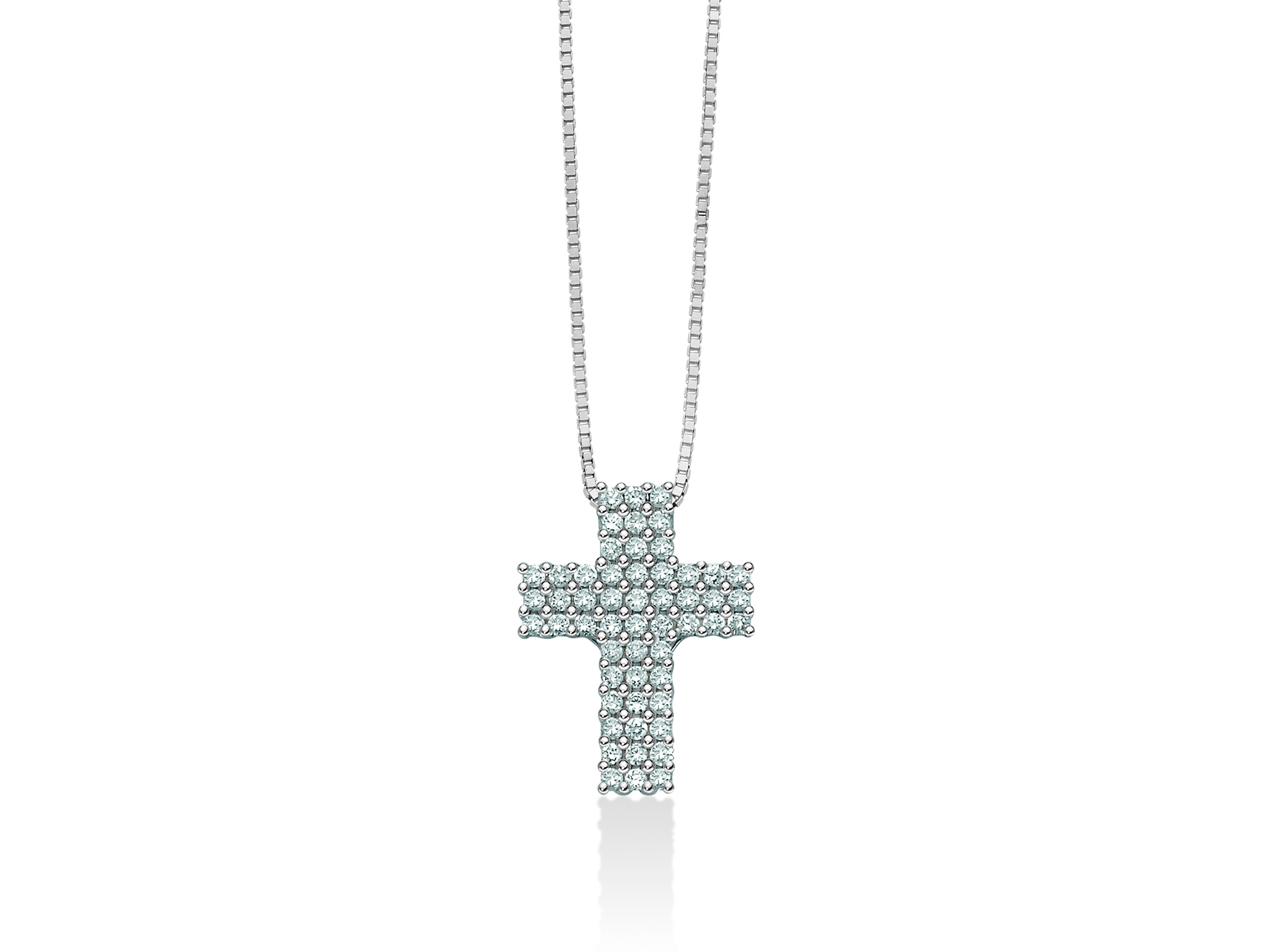 La Collana Miluna Croce in oro bianco e diamanti: un gioiello di lusso che incarna l'eleganza e la luce, perfetto per chi cerca gioielli diamanti.