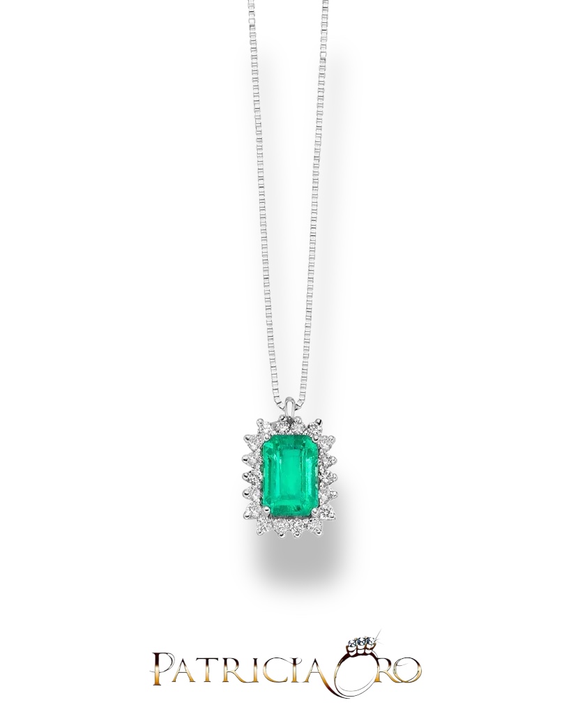 Collana Miluna Gioielli con Smeraldo 6x4mm e Diamanti 0.12ct in Oro 18kt: un gioiello smeraldo di alta gioielleria.