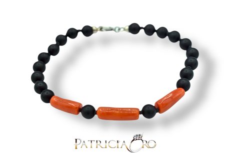 Bracciale Uomo in Corallo Sciacca e Onice con Chiusura Argento 925