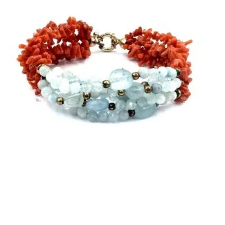 4-Strand Sciacca Coral and Aquamarine Bracelet with 925 Silver Clasp