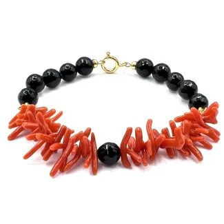 Sciacca Coral Bracelet with Onyx and 925 Silver Clasp