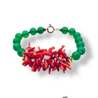 Sciacca Coral and Green Agate Bracelet with 925 Sterling Silver Clasp