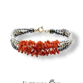 3-Strand Sciacca Coral Bracelet with Hematite and 925 Silver Clasp