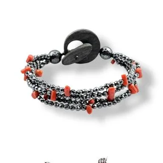 Sciacca Coral & Natural Hematite 4-Strand Bracelet