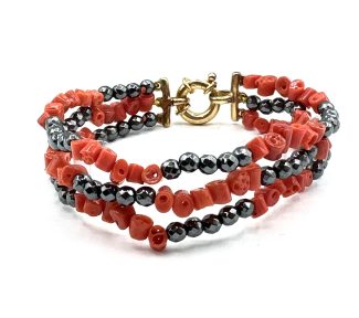 Bracciale 3 fili corallo Sciacca con ematite naturale, artigianale con chiusura argento 925