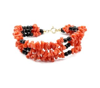 Bracciale 3 fili Corallo Sciacca con Onice - Patricia Oro Creations