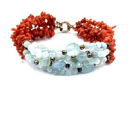 Bracciale 4 Fili Corallo Sciacca e Acqua Marina con Chiusura Argento 925