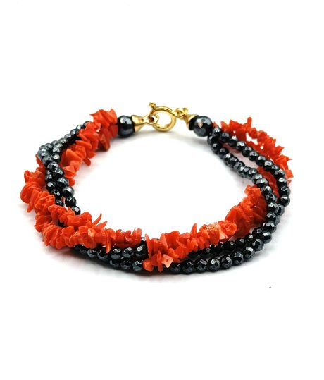 Bracciale 4 fili Corallo Sciacca con Ematite Nera Argento 925
