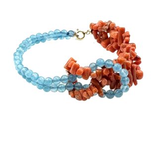 Bracciale Corallo Sciacca 2 fili con agata celeste 4mm, artigianale