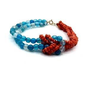Bracciale corallo Sciacca componibile con agata blu, artigianale su base in pietra dura