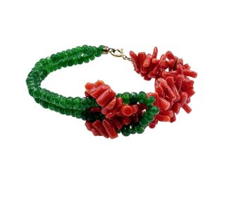 Bracciale Corallo Sciacca componibile con agata verde, due fili, cupolini, 19 cm