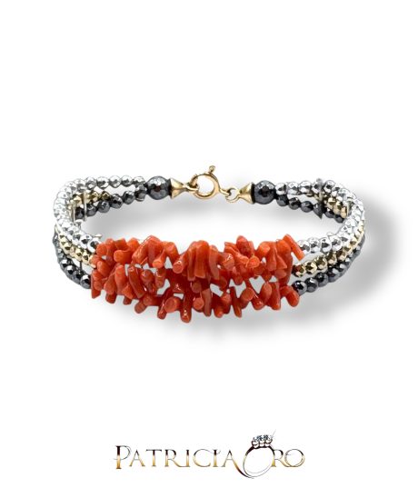 Bracciale 3 fili Corallo Sciacca con Ematite e chiusura argento 925