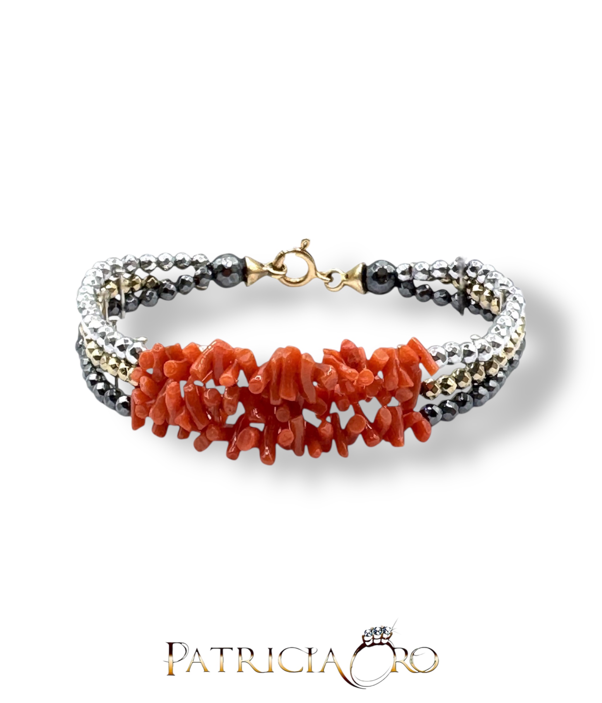 Bracciale Corallo Sciacca e Ematite, un gioiello made in italy di Patricia Oro Creations, perfetto per un regalo prezioso.