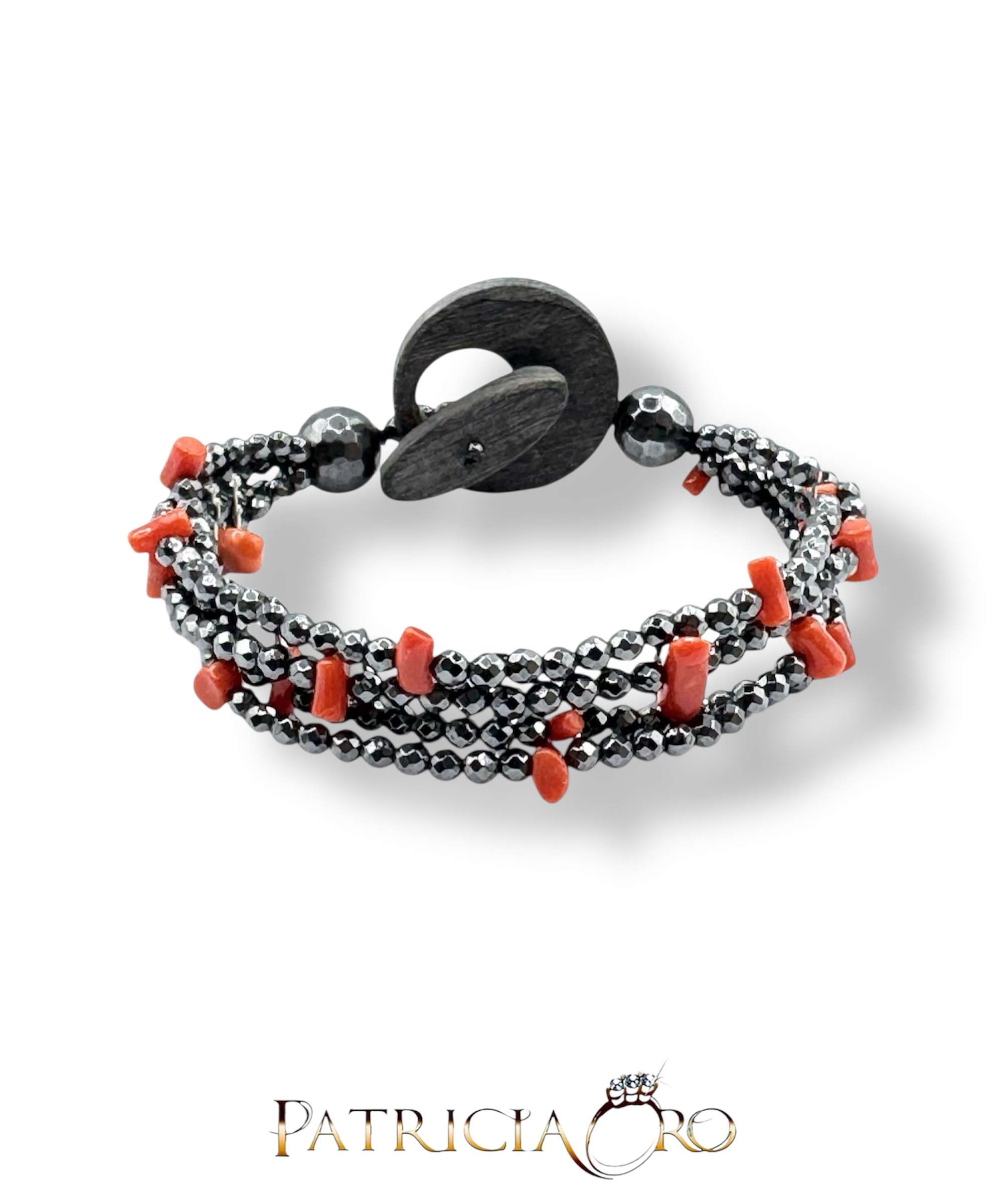 Splendido bracciale Corallo Sciacca e Ematite Naturale, un gioiello made in italy di Patricia Oro Creations, perfetto per un'idea regalo preziosa.