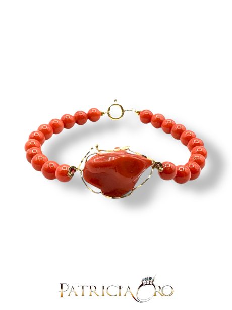 Bracciale in Corallo Sciacca Oro 18kt con Sfere e Sassi