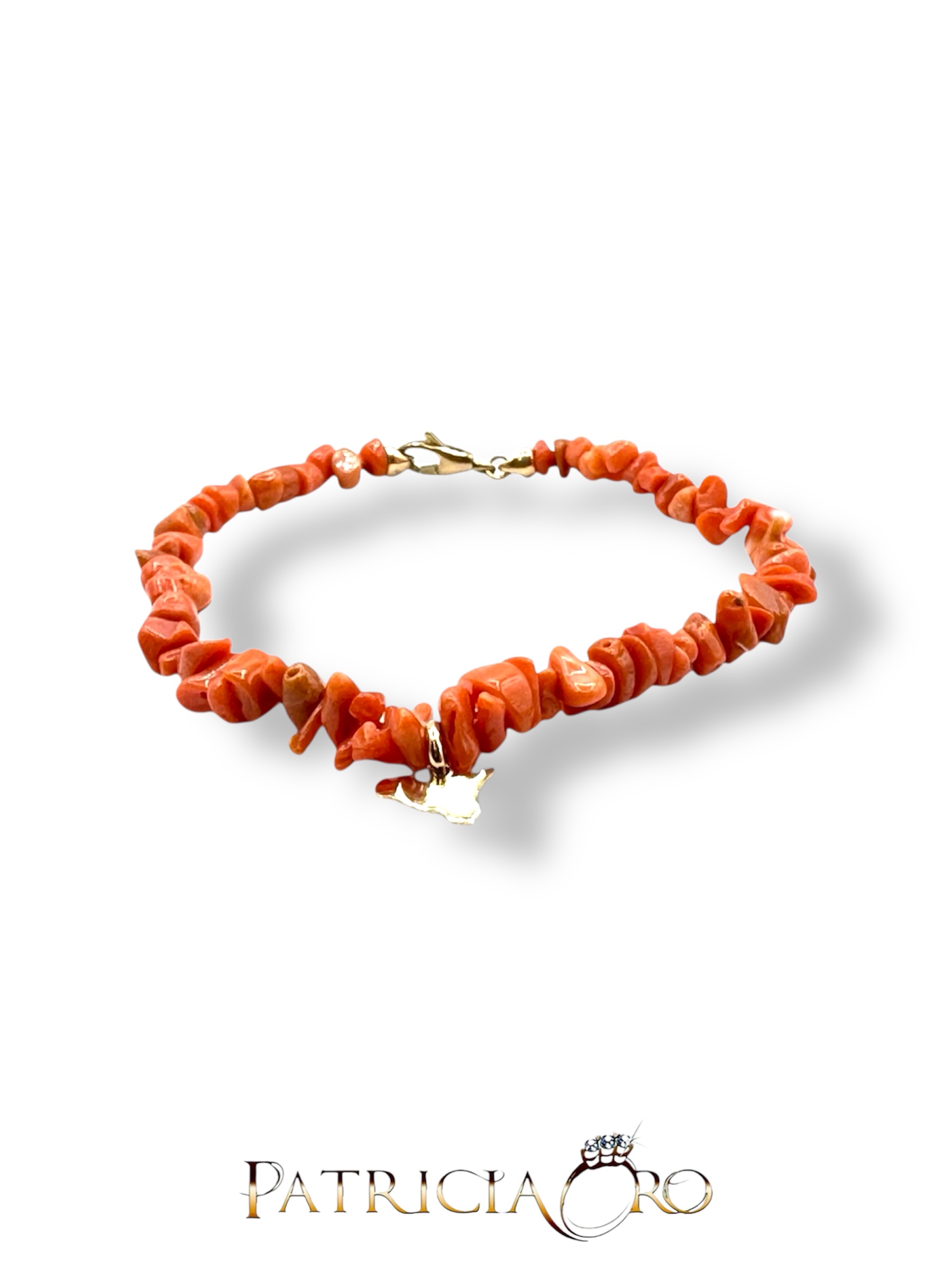 Bracciale in Corallo Sciacca con Sicilia e oro 750: un gioiello made in Italy di Patricia Oro Creations, perfetto per un'idea regalo preziosa.