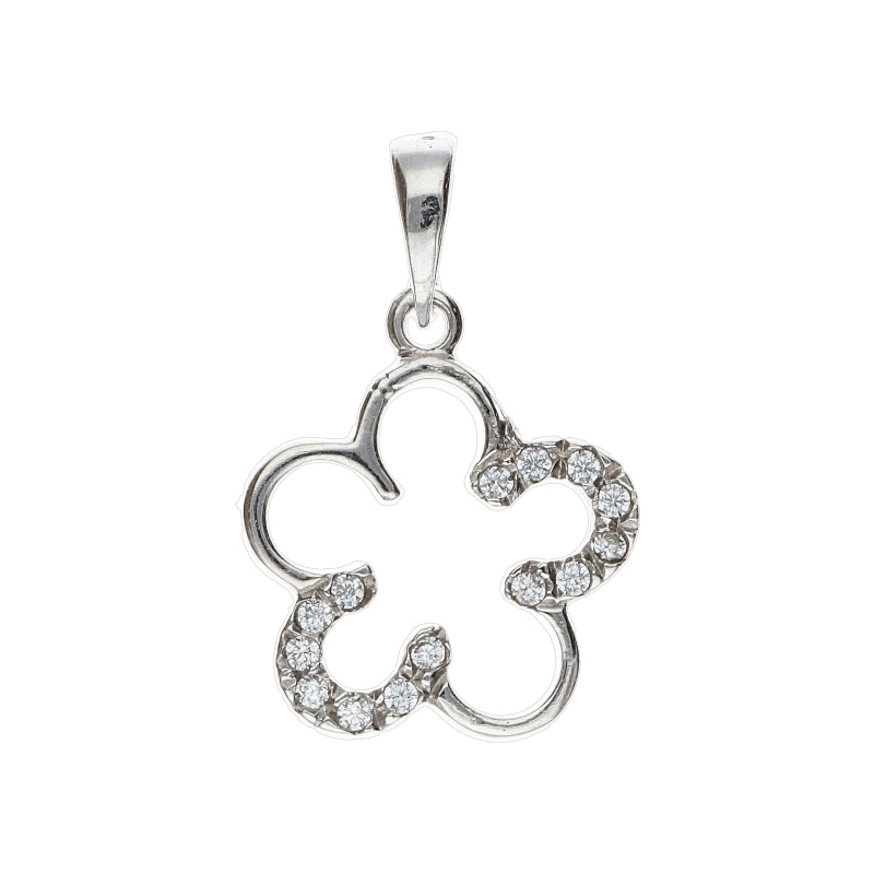 Splendido ciondolo a forma di fiore con zirconi incastonati in oro bianco 750, un gioiello di lusso perfetto per un'occasione speciale.