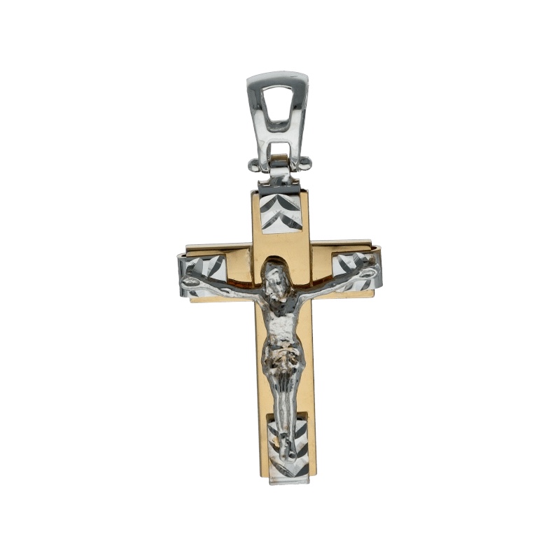 Splendida Croce in Oro Giallo e Bianco 750, un gioiello di lusso perfetto per un'idea regalo preziosa.