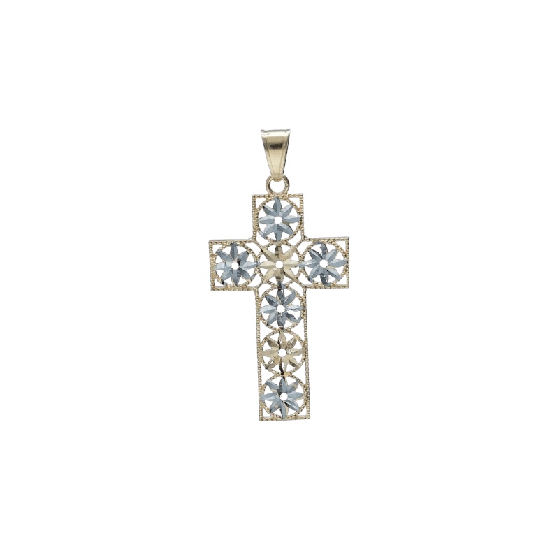 Splendida Croce in Oro Giallo e Bianco 750, un gioiello di lusso perfetto per un'occasione speciale.