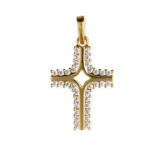 Splendida Croce in Oro Giallo 750 con Zirconi, un gioiello di lusso perfetto per un'idea regalo preziosa.